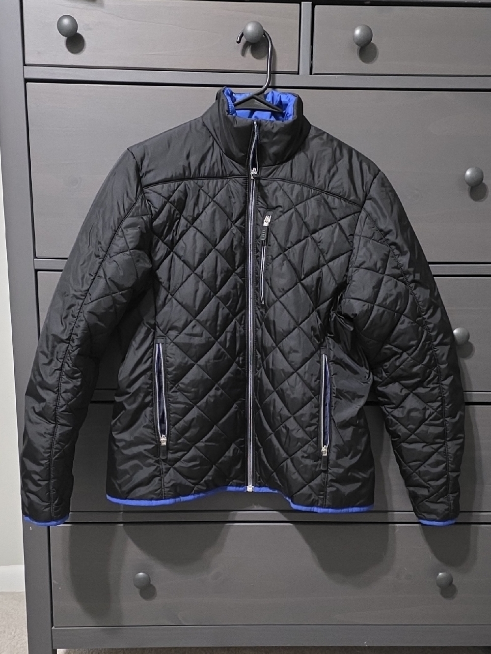 Lands' End Womens Black Quilted Puffer Jacket with Blue Trim